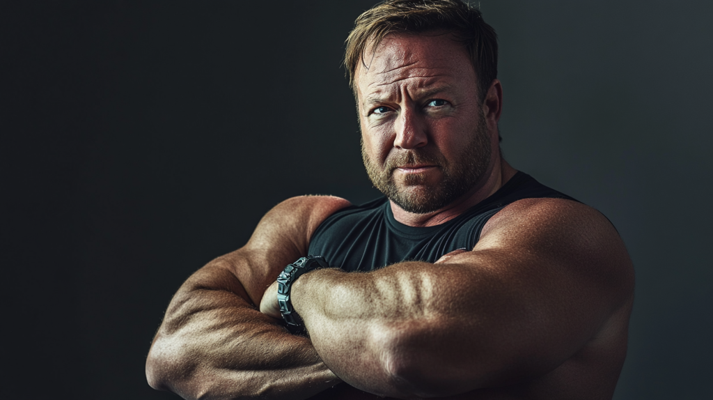 Alex Jones Muscle man showcasing strong arm muscles confidently.