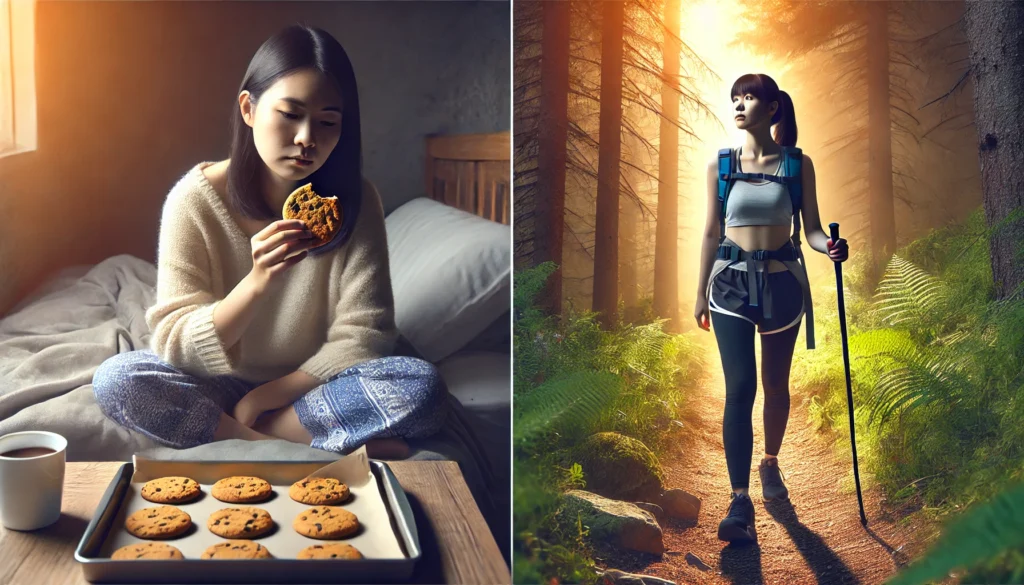 Woman enjoying cookies and hiking in forest
