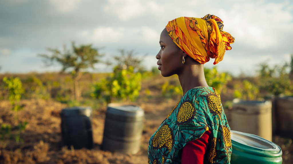 Woman exploring African olive oil process outdoors